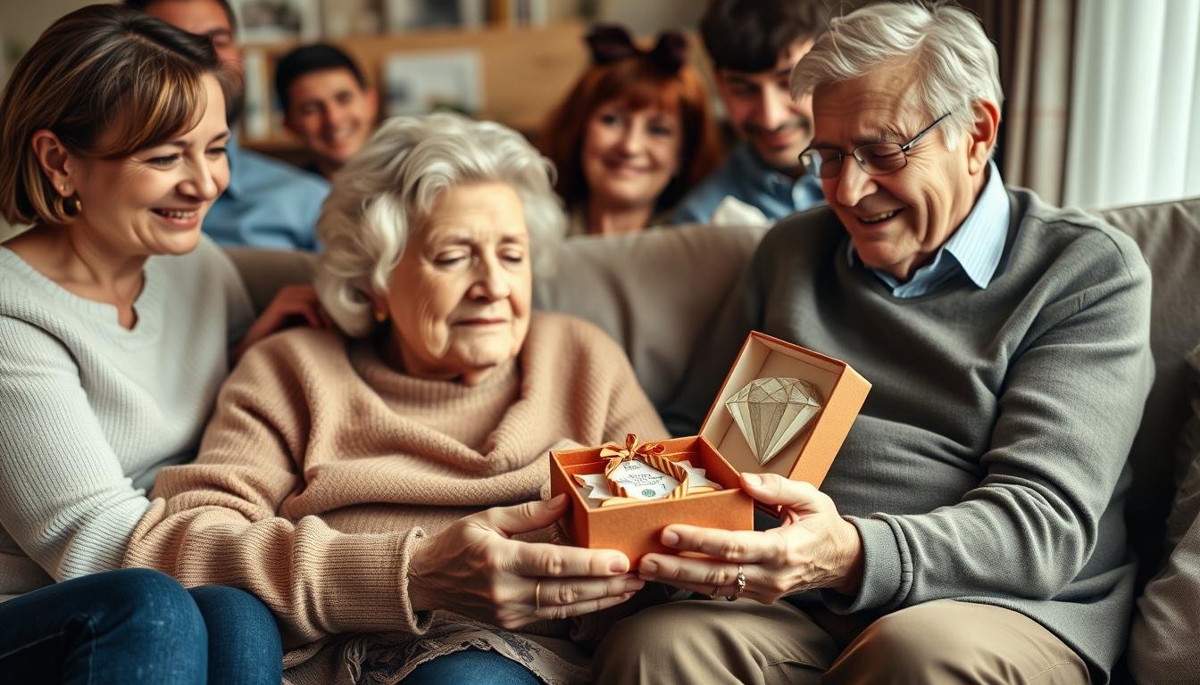 Älteres Ehepaar beim Öffnen eines Geldgeschenks zur Diamantenen Hochzeit, umgeben von Familie