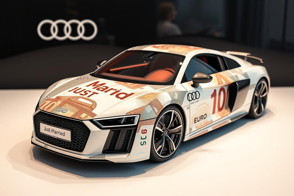 Audi Sportwagen Geldpräsentation mit Just Married Elementen