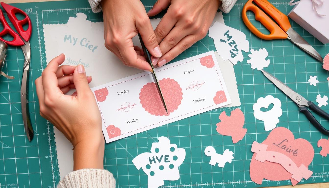 Ausschneiden einer Geldgeschenk Hochzeit Druckvorlage mit Schere und Cutter