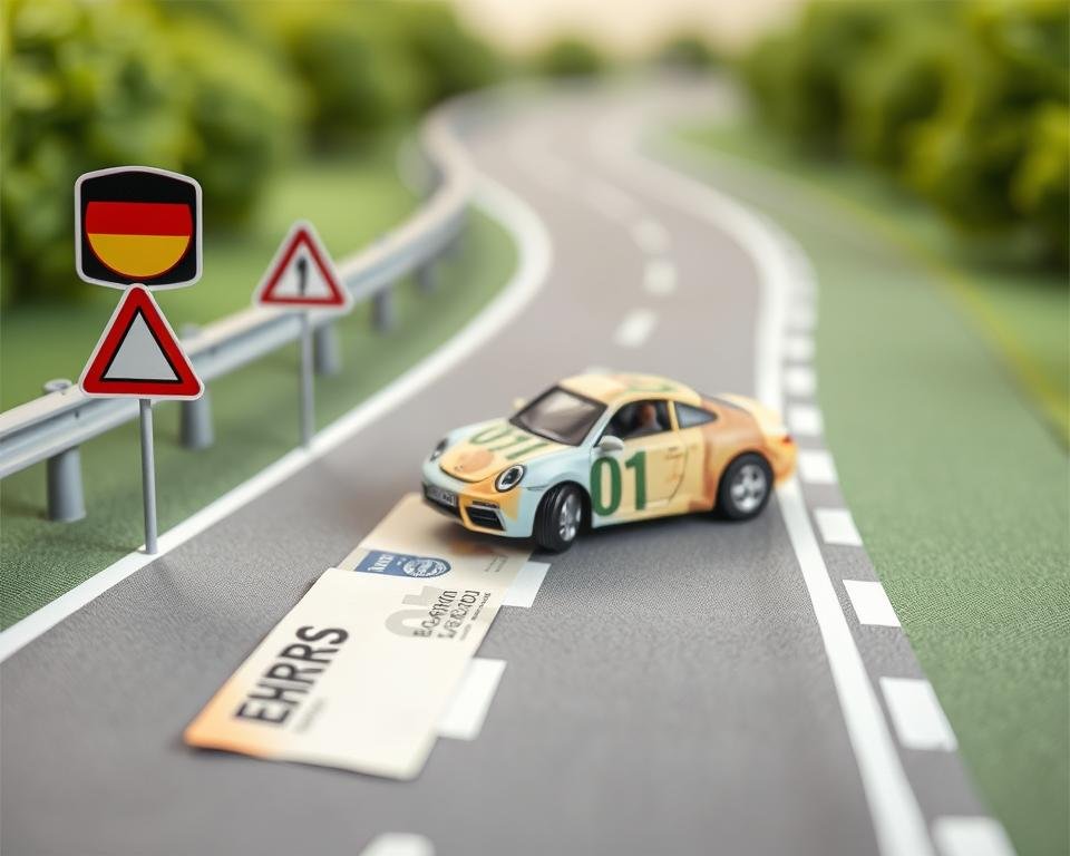 Autobahn-Roadtrip Geldgeschenk mit Miniatur-Auto und Geldscheinen als Straße