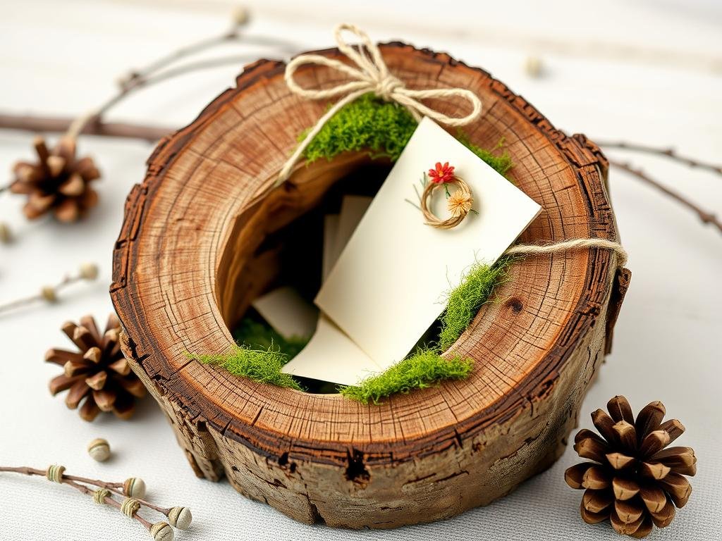 Baumstamm mit Höhlung für Geldgeschenk Hochzeit Holz dekoriert mit natürlichen Elementen Baumstamm mit Höhlung für Geldgeschenk Hochzeit Holz dekoriert mit natürlichen Elementen