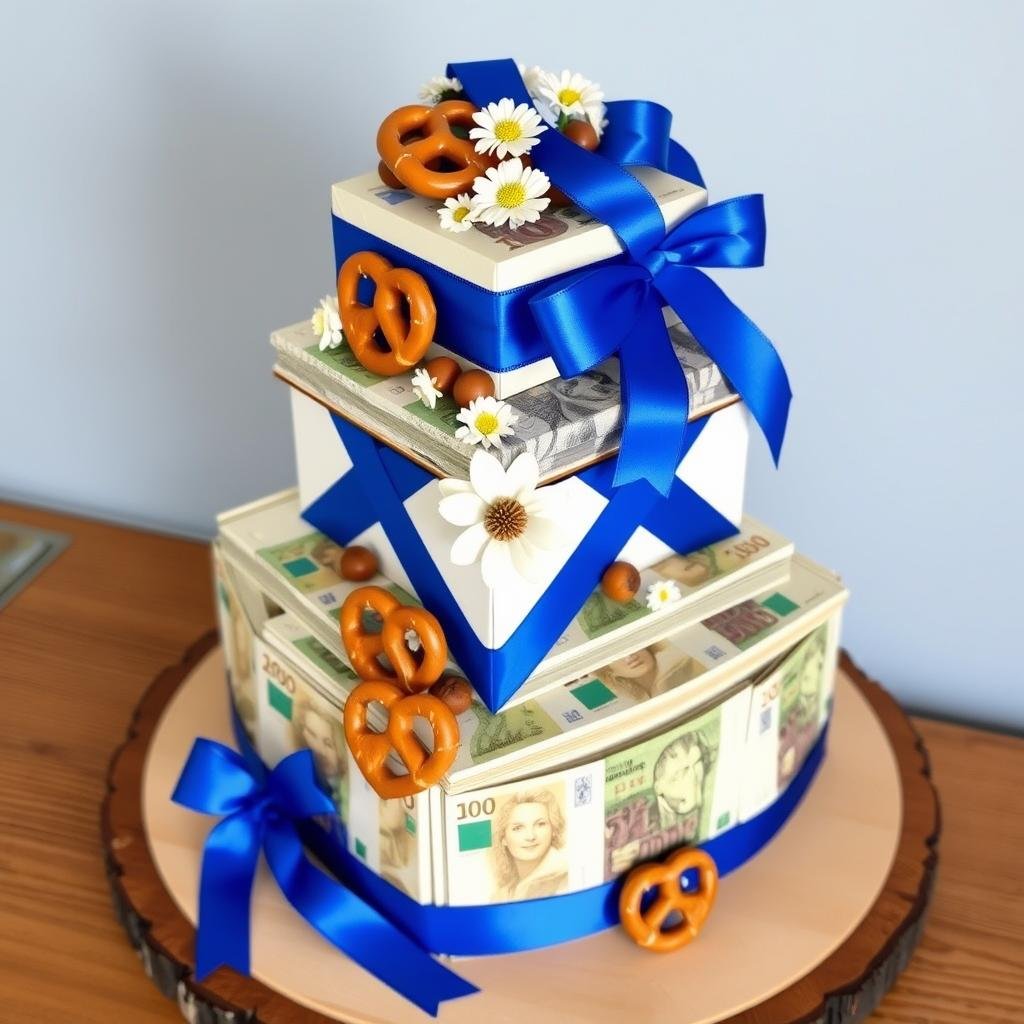 Bayerische Geldtorte mit blau-weißen Bändern und traditionellen Elementen Bayerische Geldtorte mit blau-weißen Bändern und traditionellen Elementen