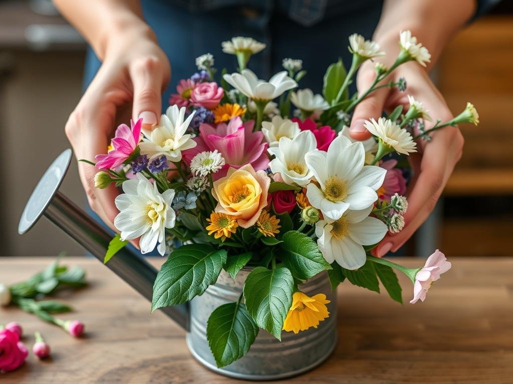 Blumenarrangement in einer Gießkanne für ein Hochzeits-Geldgeschenk