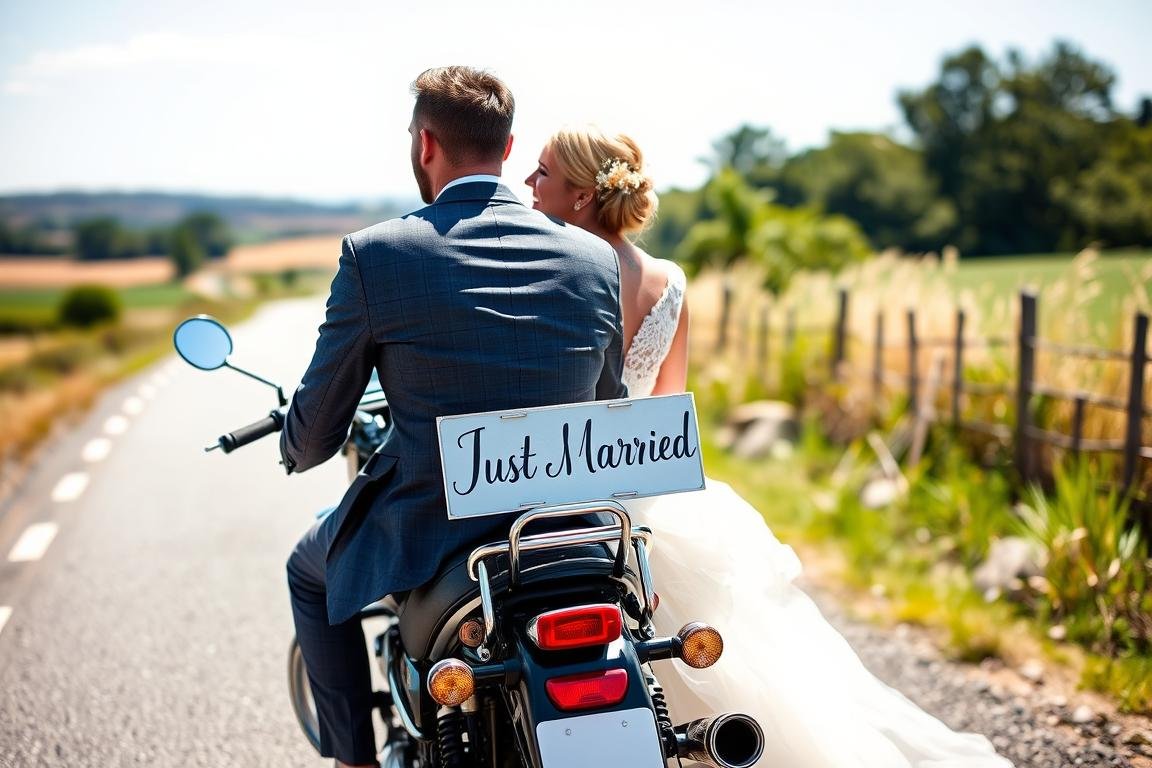 Brautpaar auf Motorrad mit Just Married Schild