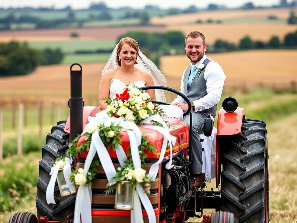 Brautpaar auf einem geschmückten Traktor bei einer Landwirt-Hochzeit