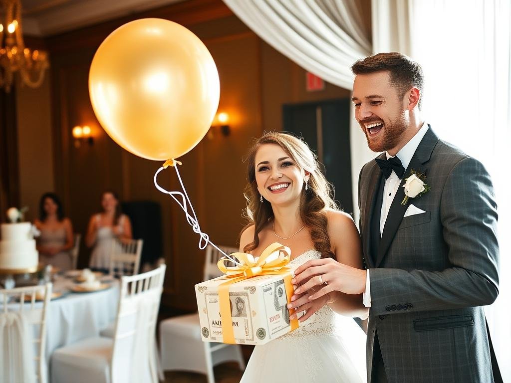 Brautpaar freut sich über ein Geldgeschenk Hochzeit Ballon Brautpaar freut sich über ein Geldgeschenk Hochzeit Ballon