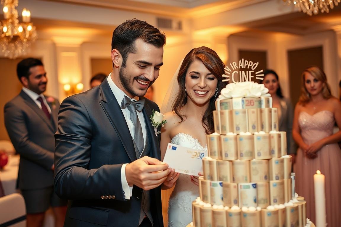 Brautpaar öffnet begeistert eine Geldgeschenk Torte auf ihrer Hochzeit Brautpaar öffnet begeistert eine Geldgeschenk Torte auf ihrer Hochzeit