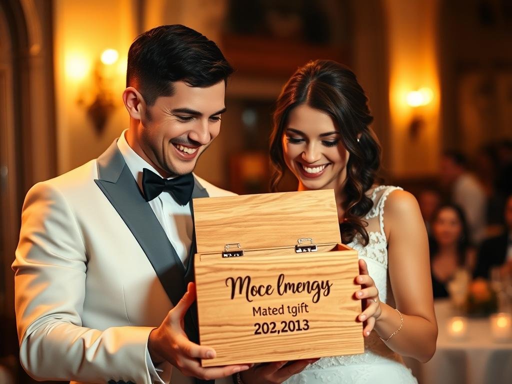 Brautpaar öffnet ein Geldgeschenk Hochzeit Holz mit strahlenden Gesichtern Brautpaar öffnet ein Geldgeschenk Hochzeit Holz mit strahlenden Gesichtern