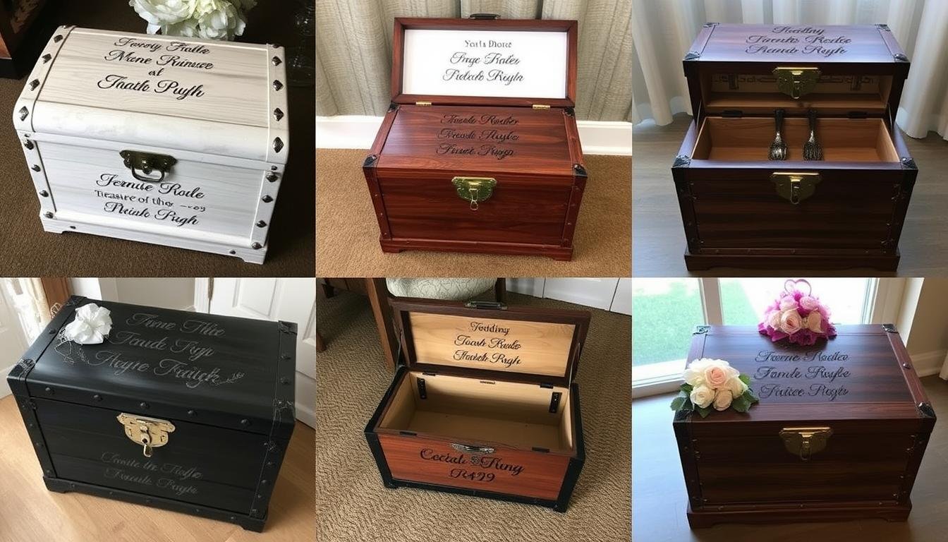 Collage von personalisierten Schatztruhen für verschiedene Hochzeiten