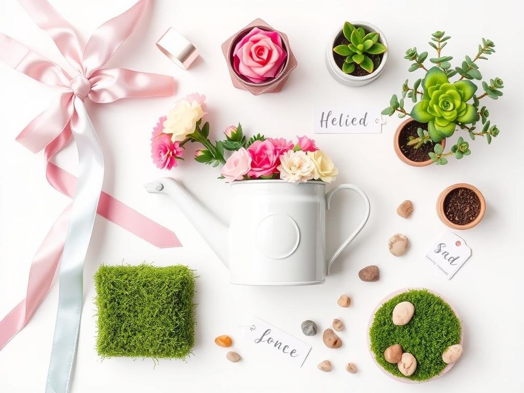 Dekorationsmaterialien für Gießkanne Geldgeschenk Hochzeit mit Bändern, Blumen und Etiketten
