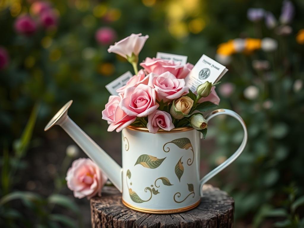 Dekorierte Gießkanne als Geldgeschenk für eine Hochzeit mit Blumen und Geldscheinen