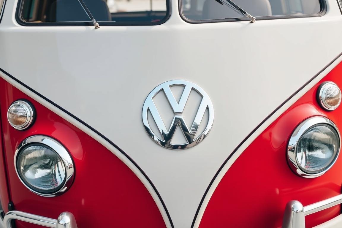 Detailansicht eines VW T1 Bulli mit charakteristischer geteilter Frontscheibe