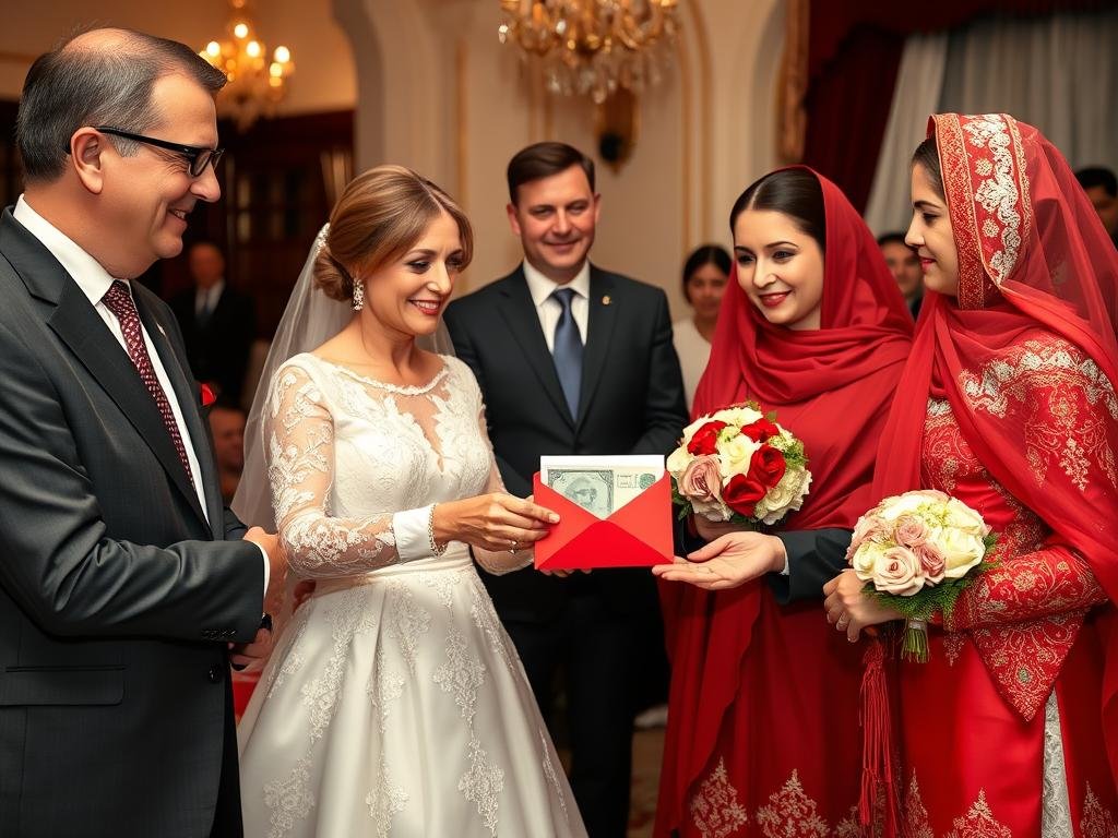 Deutsche Gäste überreichen Geldgeschenk türkische Hochzeit in traditioneller Form