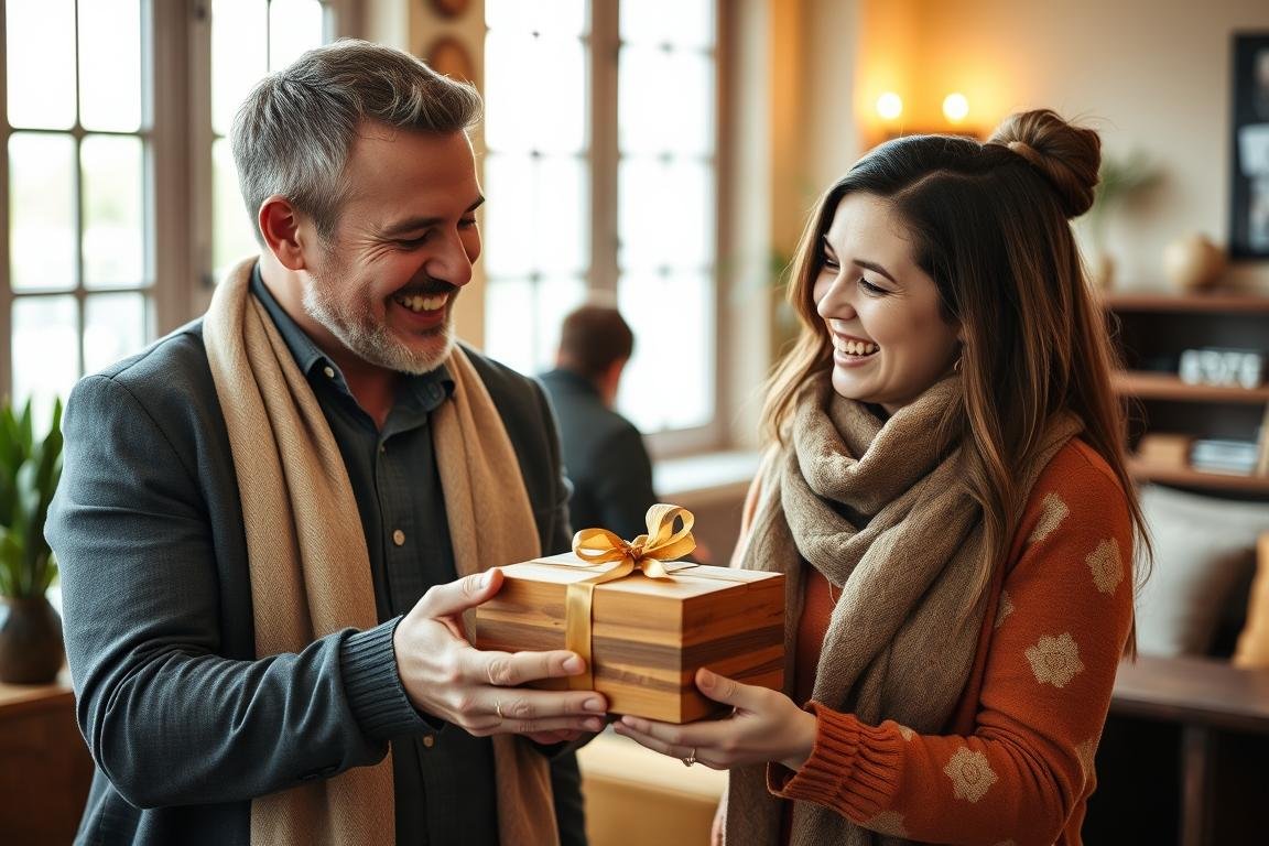 Ehepaar feiert den 5. Hochzeitstag mit einem Holzgeschenk