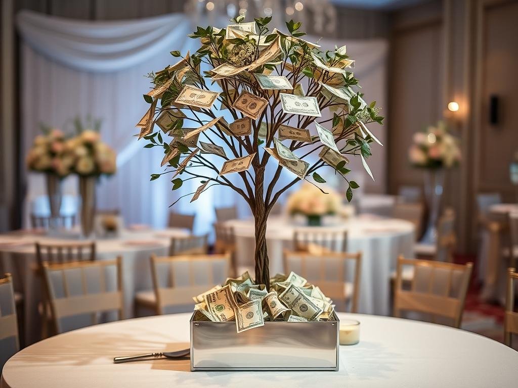 Elegante Präsentation eines Geldbaum-Geschenks auf einer Hochzeitsfeier