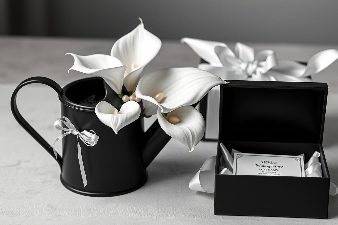 Elegante Schwarz-Weiß Gießkanne als Geldgeschenk für eine Hochzeit