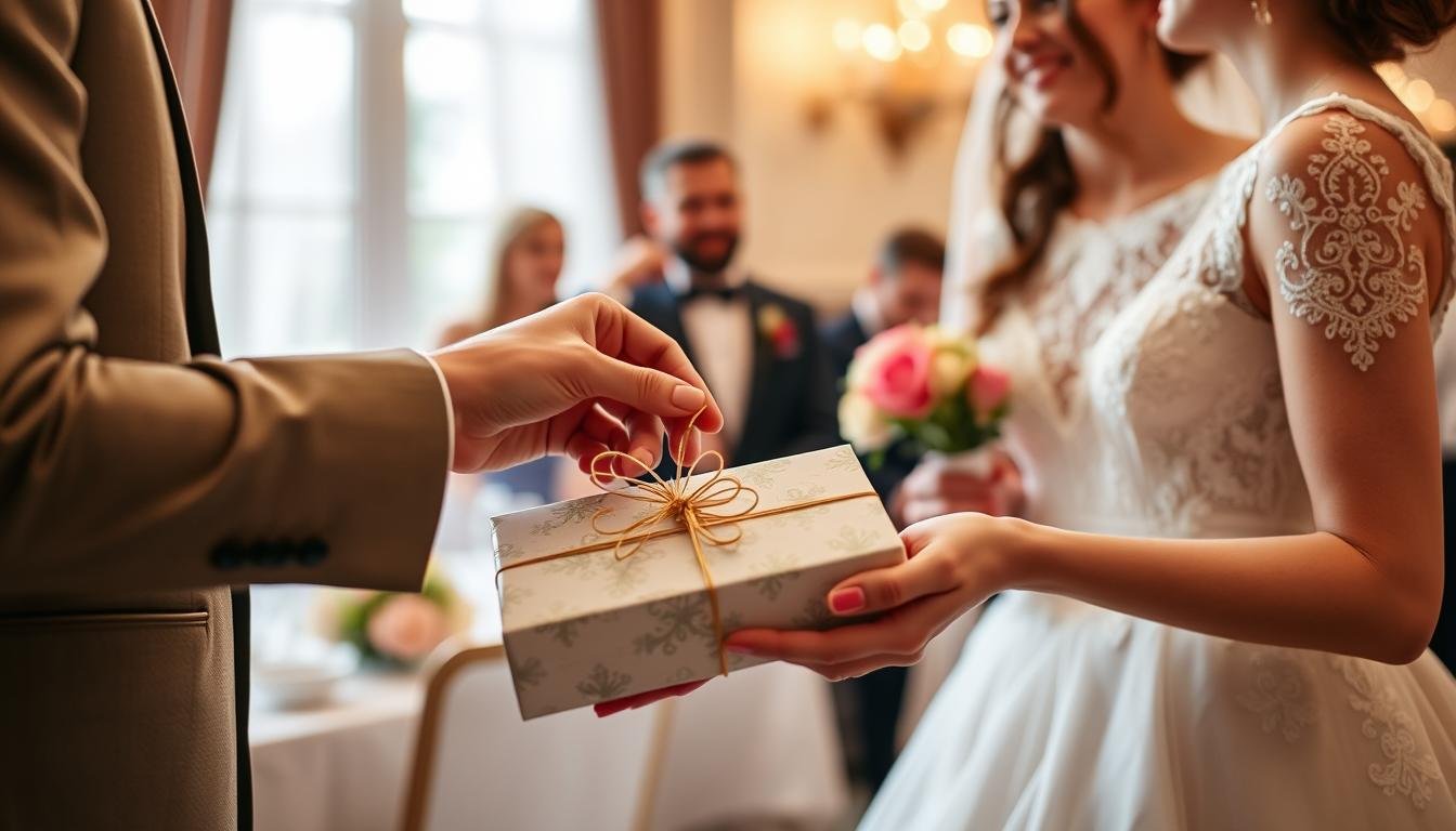 Elegante Übergabe einer Verpackung Geldgeschenk Hochzeit Elegante Übergabe einer Verpackung Geldgeschenk Hochzeit
