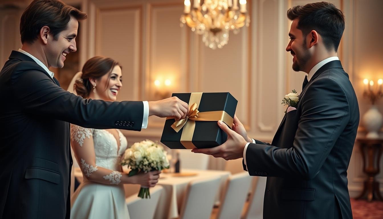 Elegante Übergabe eines Geldgeschenk Hochzeit 1 Million mit Brautpaar
