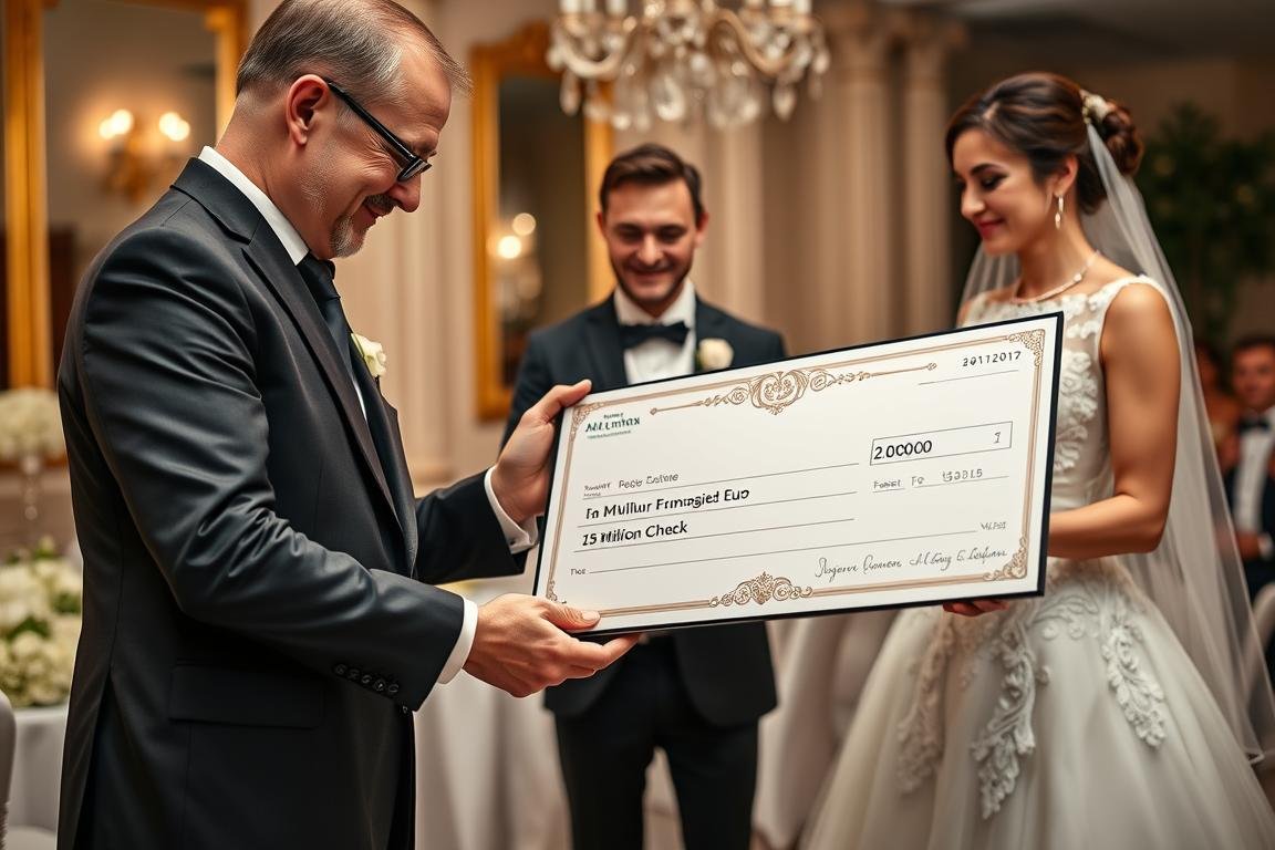 Elegante Übergabe eines Millionen-Schecks als Geldgeschenk Hochzeit 1 Million