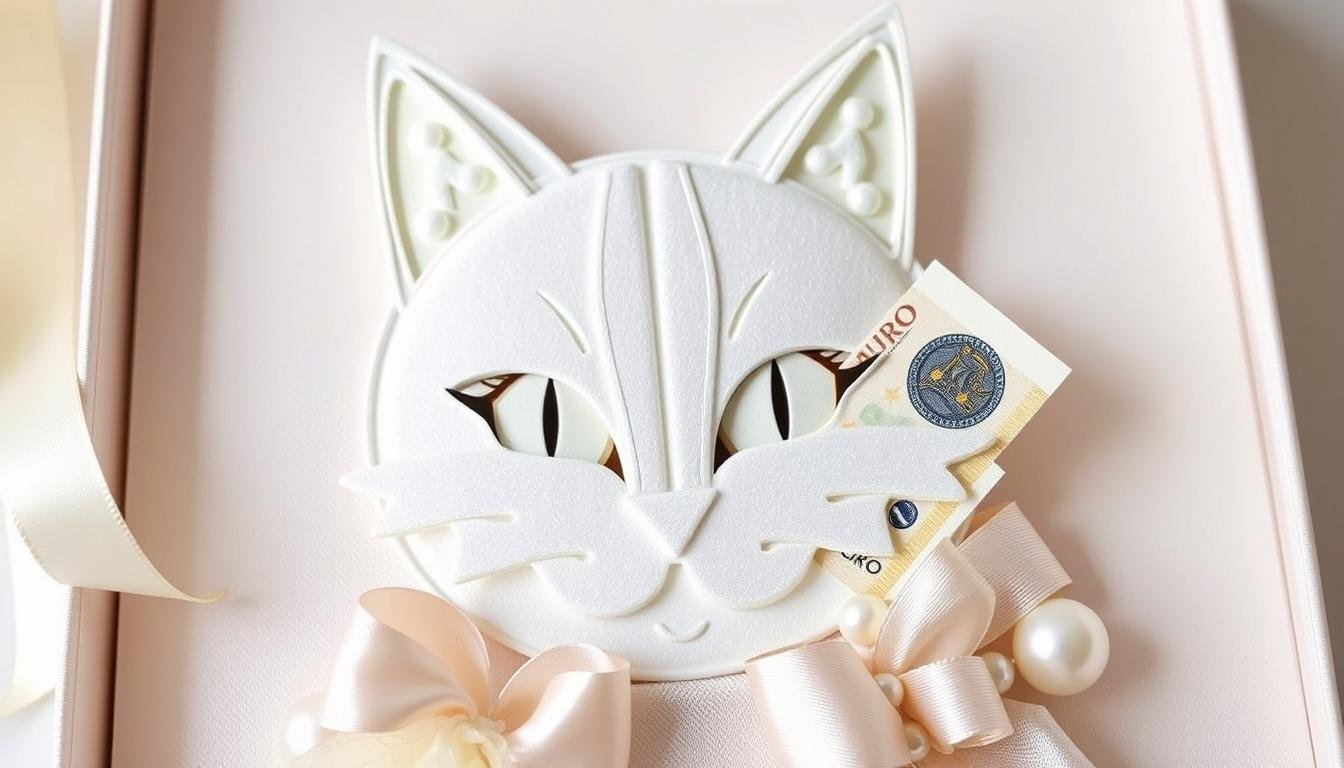 Elegantes Katzen-Geldgeschenk für eine Hochzeit mit Samtdetails