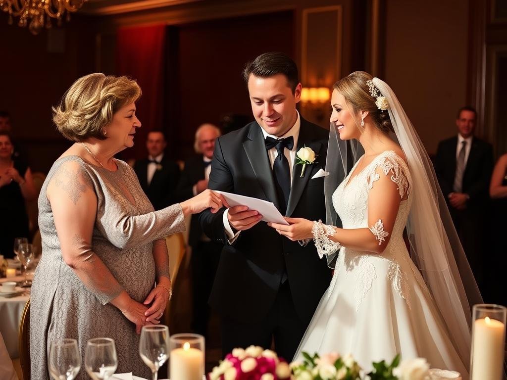 Eltern überreichen Geldgeschenk zur Hochzeit an Brautpaar