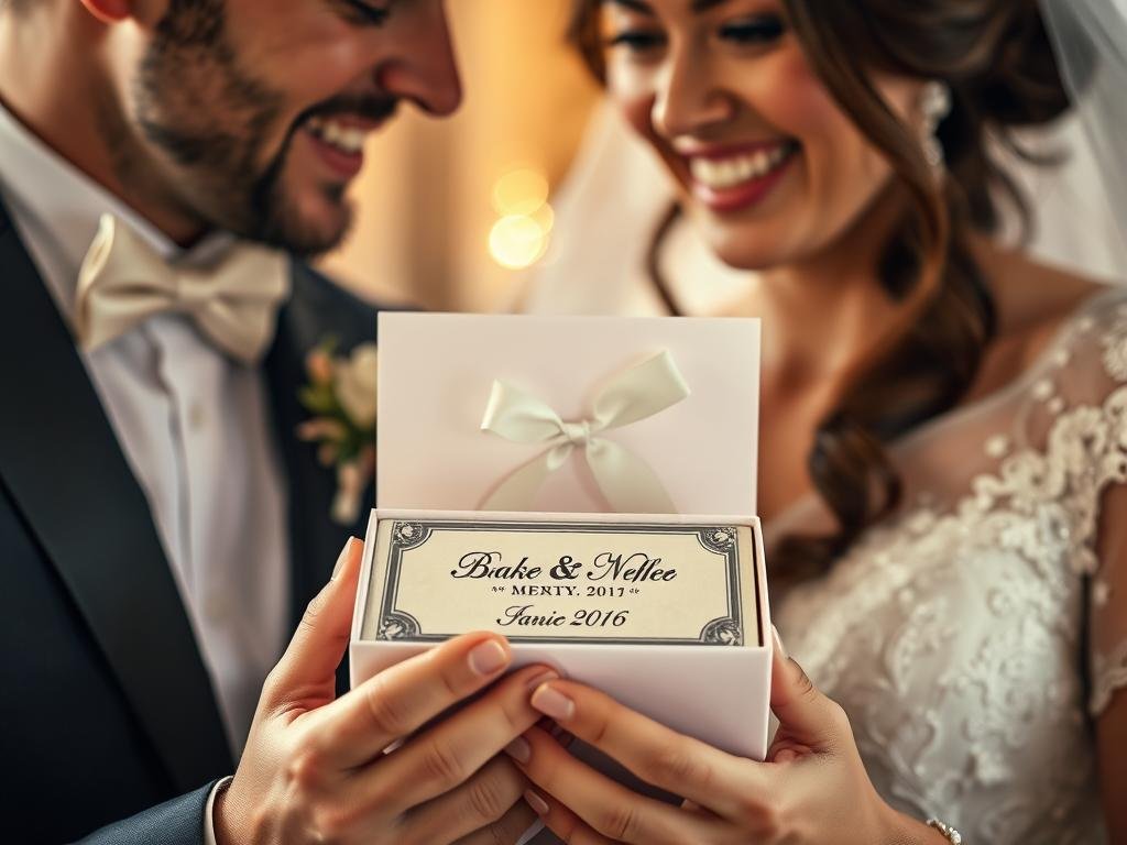 Emotionale Reaktion eines Brautpaares beim Öffnen eines personalisierten Geldgeschenks zur Hochzeit