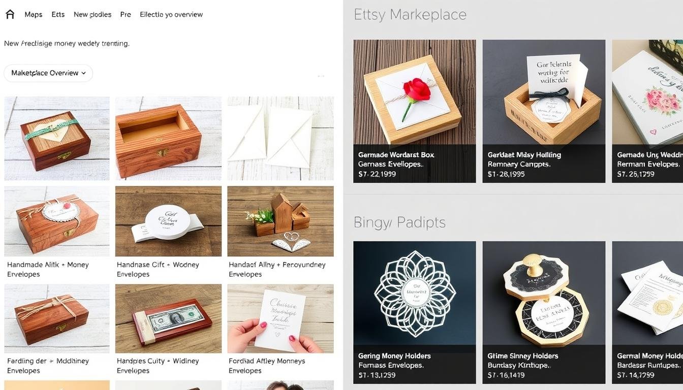 Etsy Geldgeschenk Hochzeit Marktplatzübersicht mit verschiedenen kreativen Geldgeschenk-Optionen
