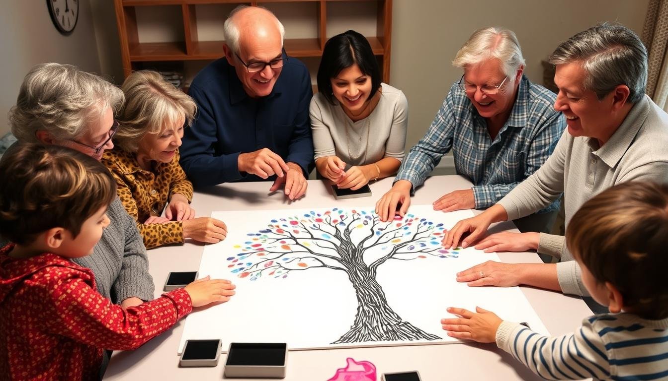 Familie beim Gestalten des Fingerabdruck-Diamantbaums für die Diamantene Hochzeit