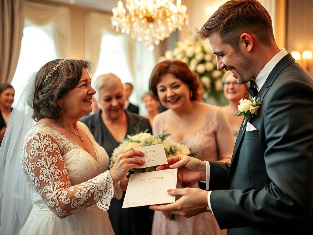 Familie überreicht Geldgeschenk Hochzeit mit höherem Betrag Familie überreicht Geldgeschenk Hochzeit mit höherem Betrag