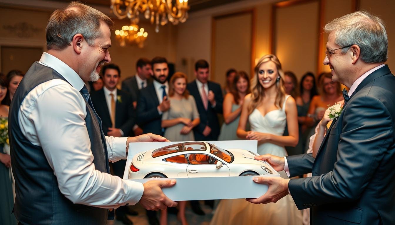 Feierliche Übergabe eines Auto-Geldgeschenks bei einer Hochzeit