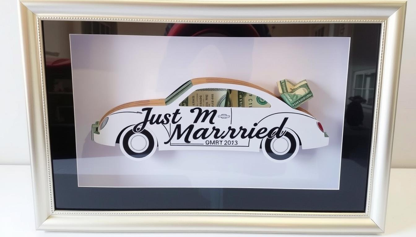 Fertig gestaltetes Auto Geldgeschenk für Hochzeit im Rahmen