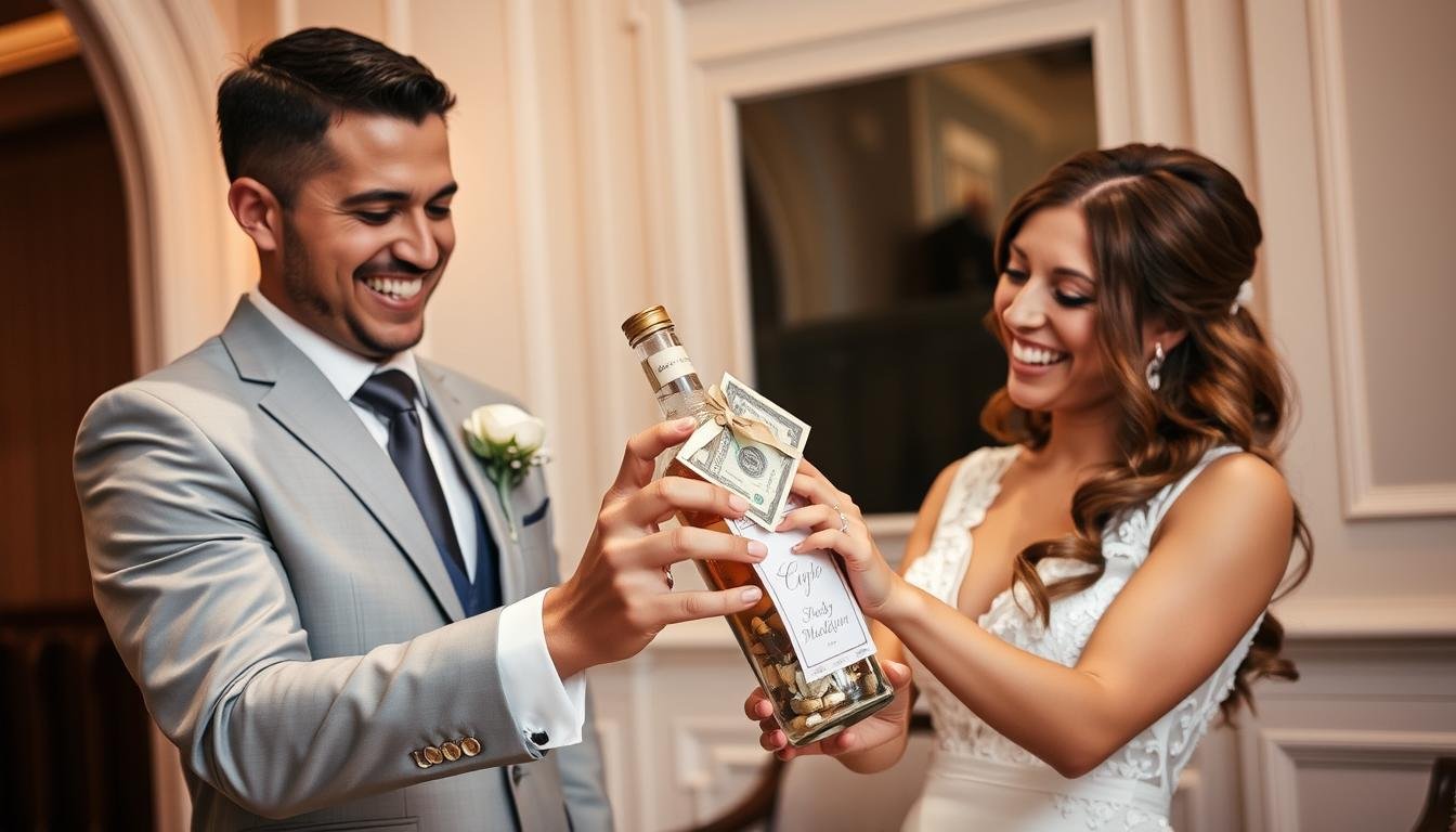 Fertig gestaltetes Flasche Geldgeschenk Hochzeit mit glücklichem Brautpaar