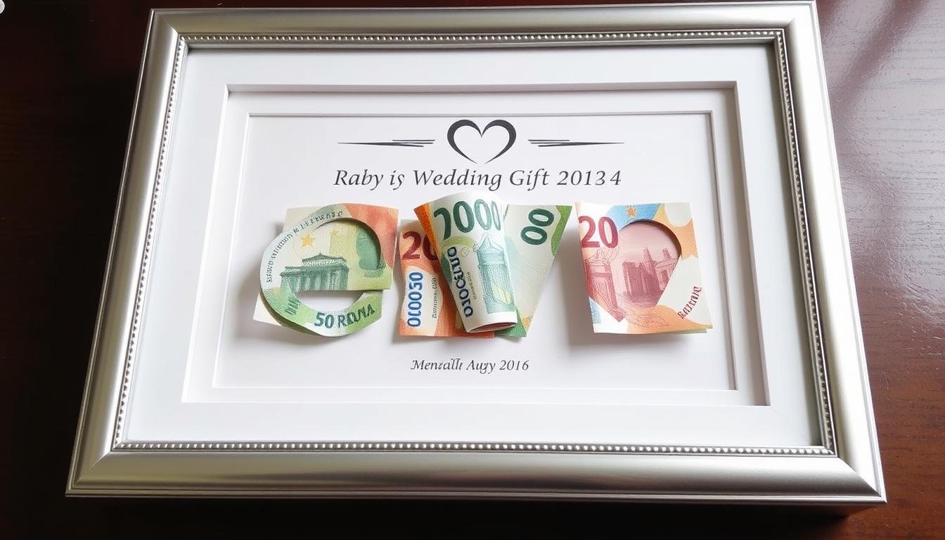Fertige Geldgeschenk Hochzeit Druckvorlage mit eingelegtem Geld im Rahmen