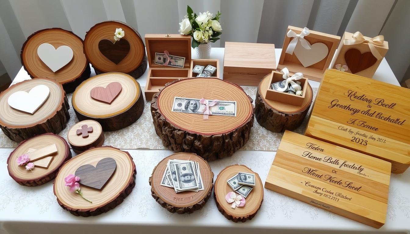 Fertige Geldgeschenk Hochzeit Holz Kreationen in festlicher Präsentation Fertige Geldgeschenk Hochzeit Holz Kreationen in festlicher Präsentation