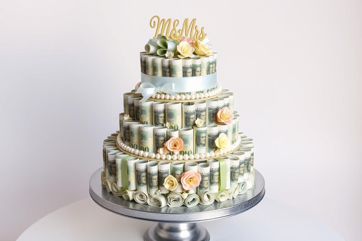 Fertige Geldgeschenk Hochzeit Torte in eleganter Präsentation Fertige Geldgeschenk Hochzeit Torte in eleganter Präsentation