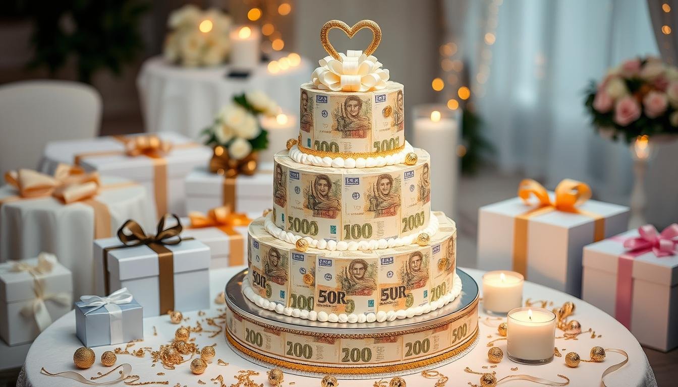 Fertige Geldgeschenk Hochzeit Torte in festlicher Präsentation auf einem Hochzeitstisch Fertige Geldgeschenk Hochzeit Torte in festlicher Präsentation auf einem Hochzeitstisch