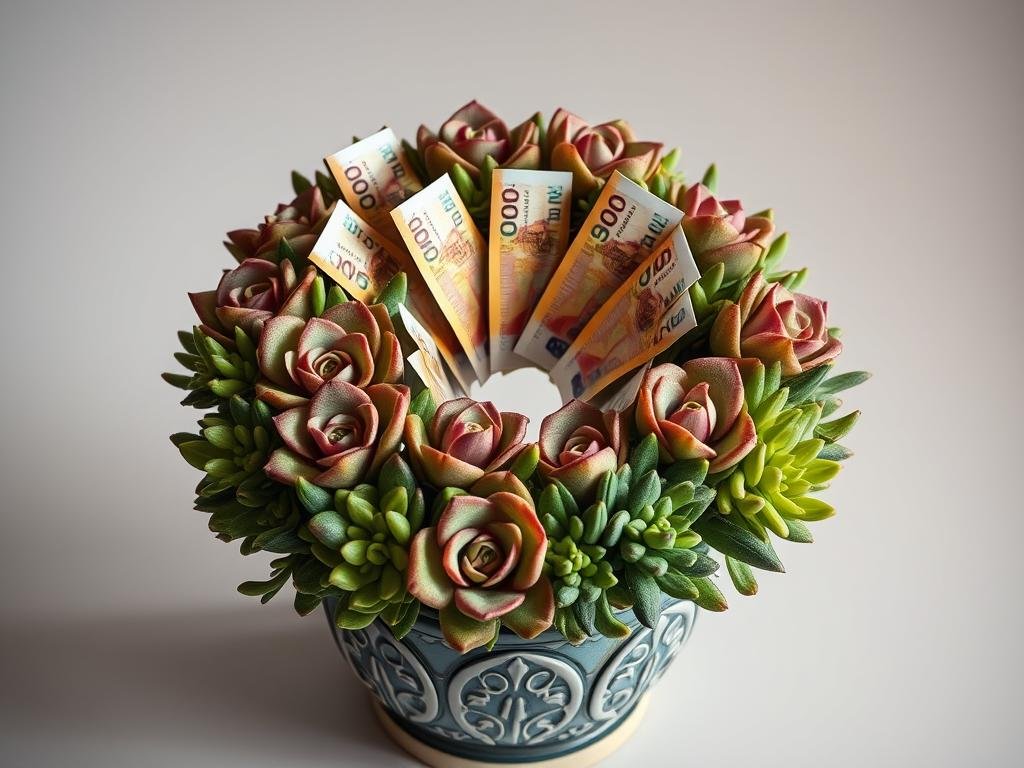 Fertiger Sukkulenten-Geldkranz als Hochzeitsgeschenk