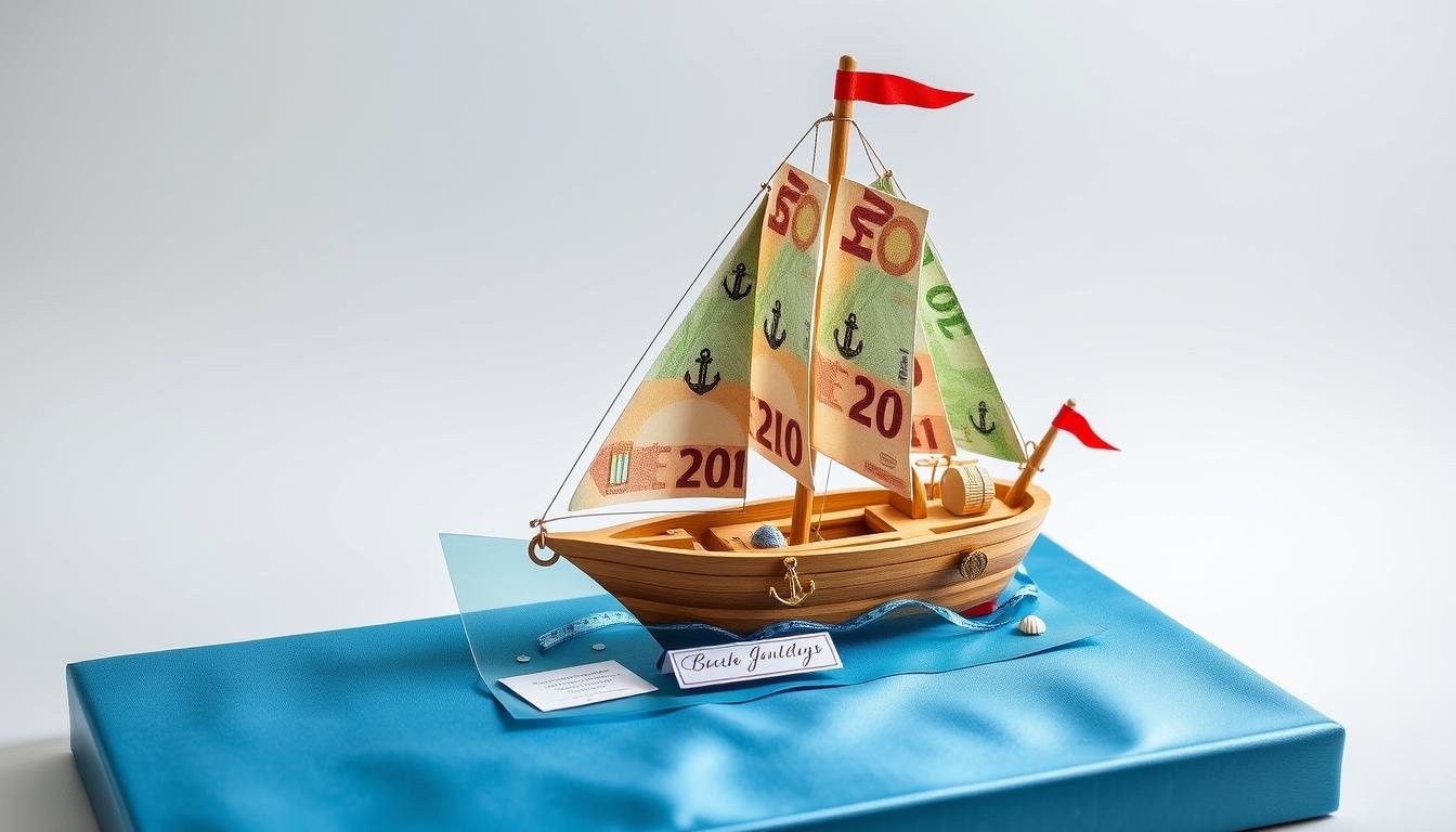 Fertiges Geldgeschenk Hochzeit Schiff mit Geldscheinen als Segel und maritimer Dekoration