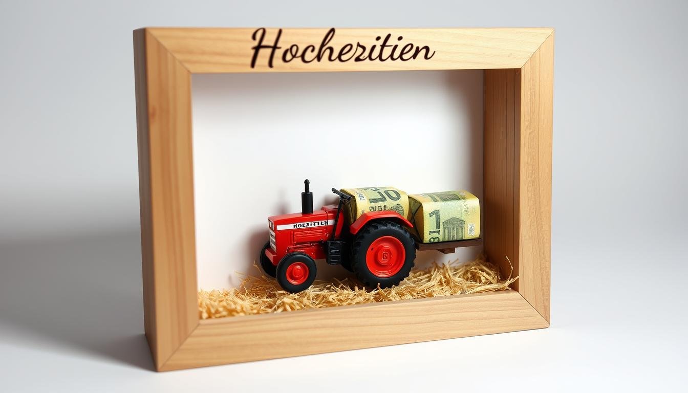 Fertiges Geldgeschenk Hochzeit Traktor mit Geldscheinen als Heuballen