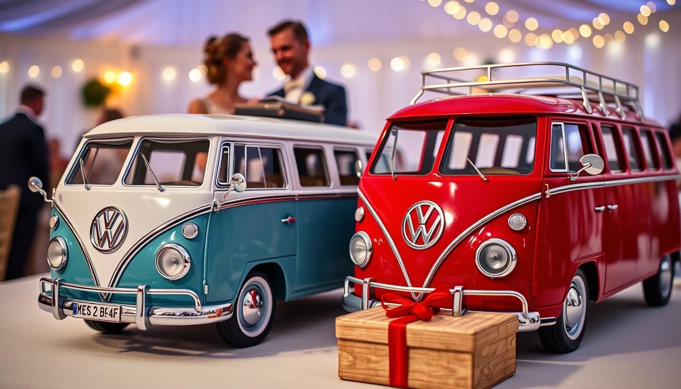 Fertiges VW Bus Geldgeschenk neben echtem VW Bulli bei einer Hochzeitsfeier
