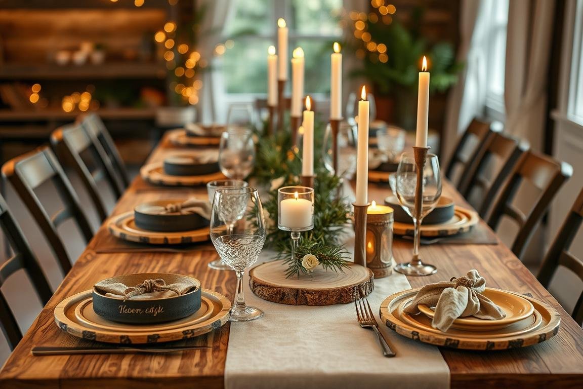 Festlich gedeckter Tisch mit Holzdekoration zur Feier der hölzernen Hochzeit
