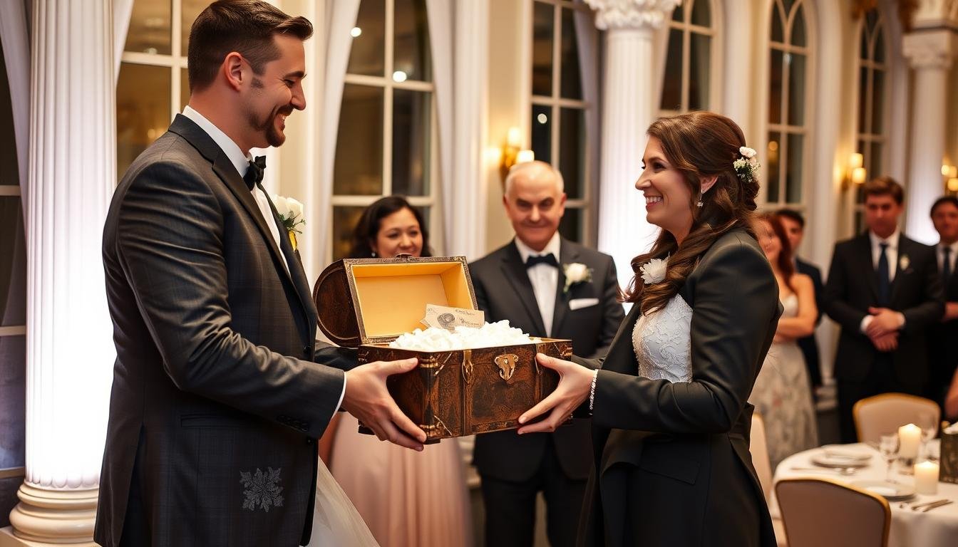 Festliche Übergabe einer Geldgeschenk-Schatztruhe bei einer Hochzeit