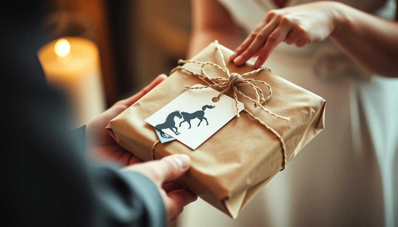 Festliche Übergabe eines Geldgeschenk Hochzeit Pferd in dekorativer Verpackung