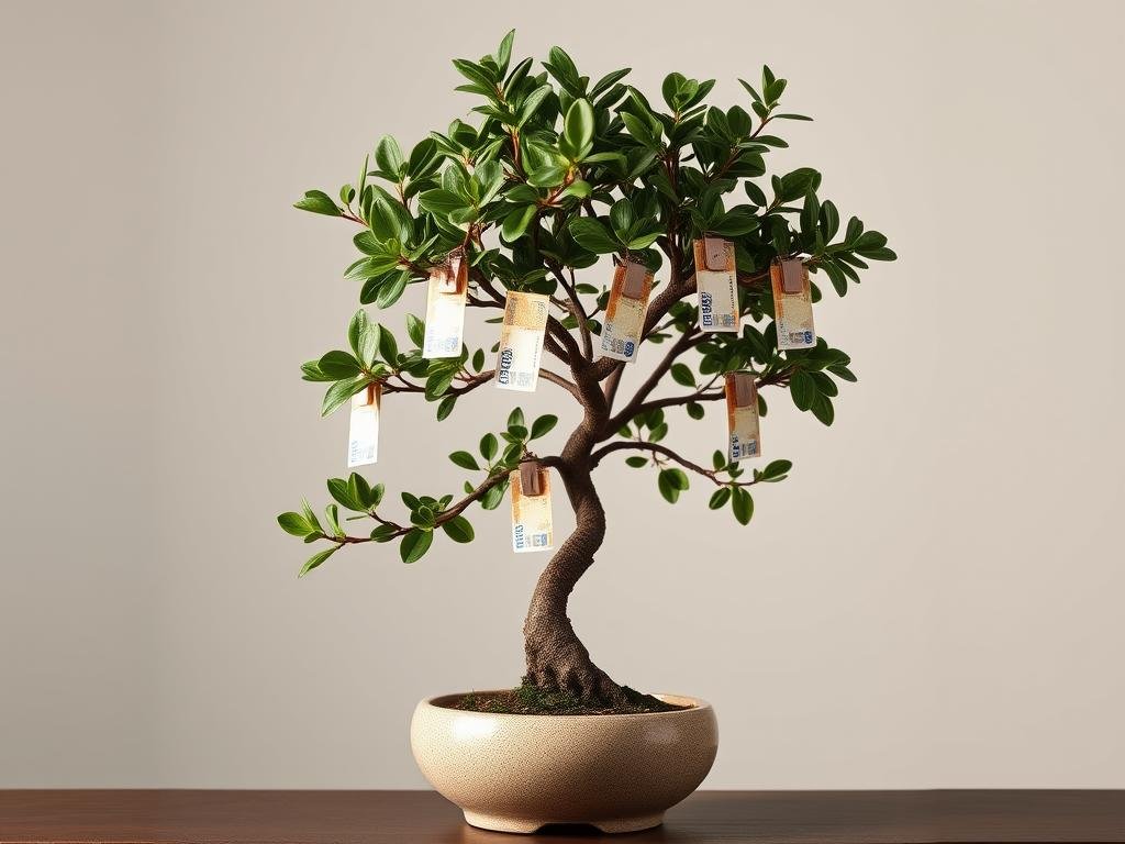 Ficus Bonsai mit Geldscheinen als Hochzeitsgeschenk dekoriert