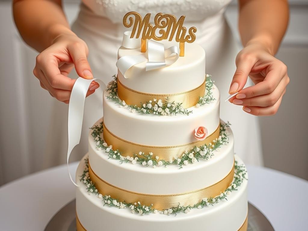Finale Dekoration einer Geldgeschenk Hochzeitstorte mit Bändern und Blumen Finale Dekoration einer Geldgeschenk Hochzeitstorte mit Bändern und Blumen