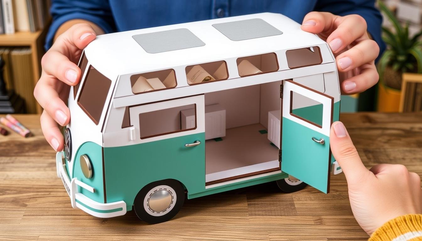Fortgeschrittene VW Bus Geldbox mit funktionierenden Türen aus Holz und Karton