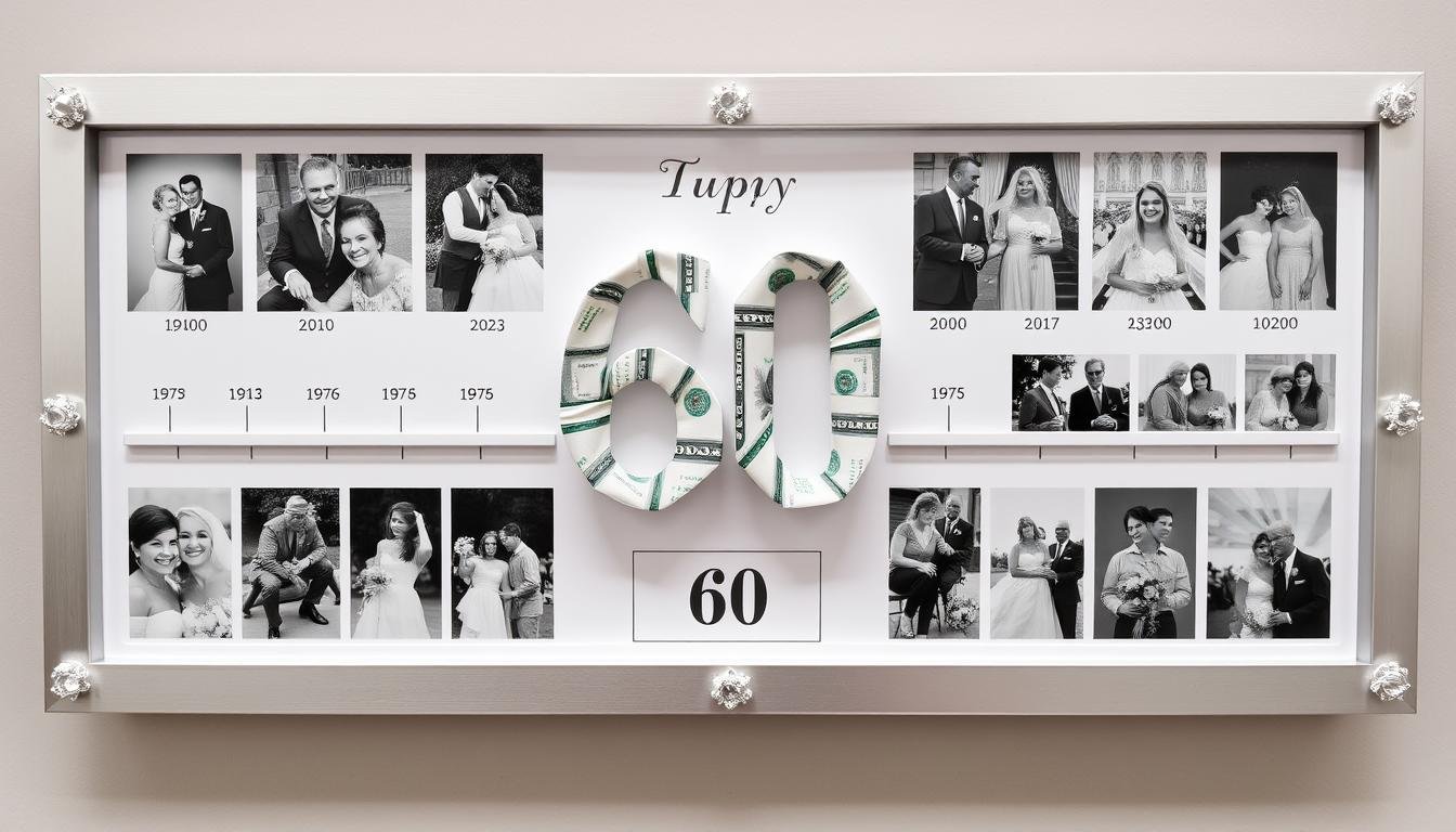 Fotocollage mit Zeitleiste für 60 Jahre Ehe und integriertem Geldgeschenk zur Diamantenen Hochzeit