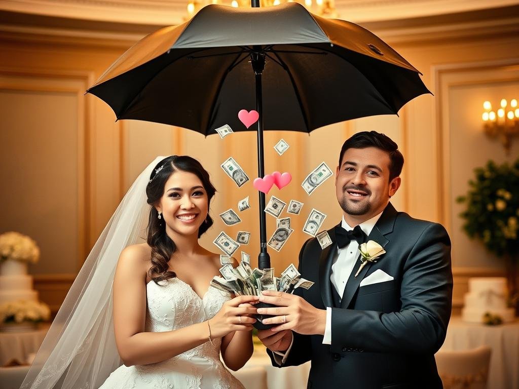 Fotomoment mit Brautpaar und Regenschirm Geldgeschenk