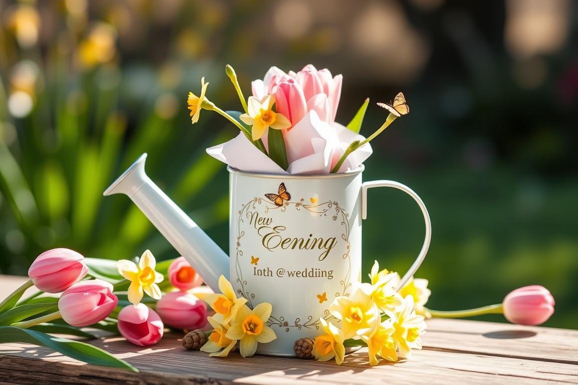 Frühlings-Gießkanne Geldgeschenk mit Tulpen und Pastellfarben für eine Hochzeit
