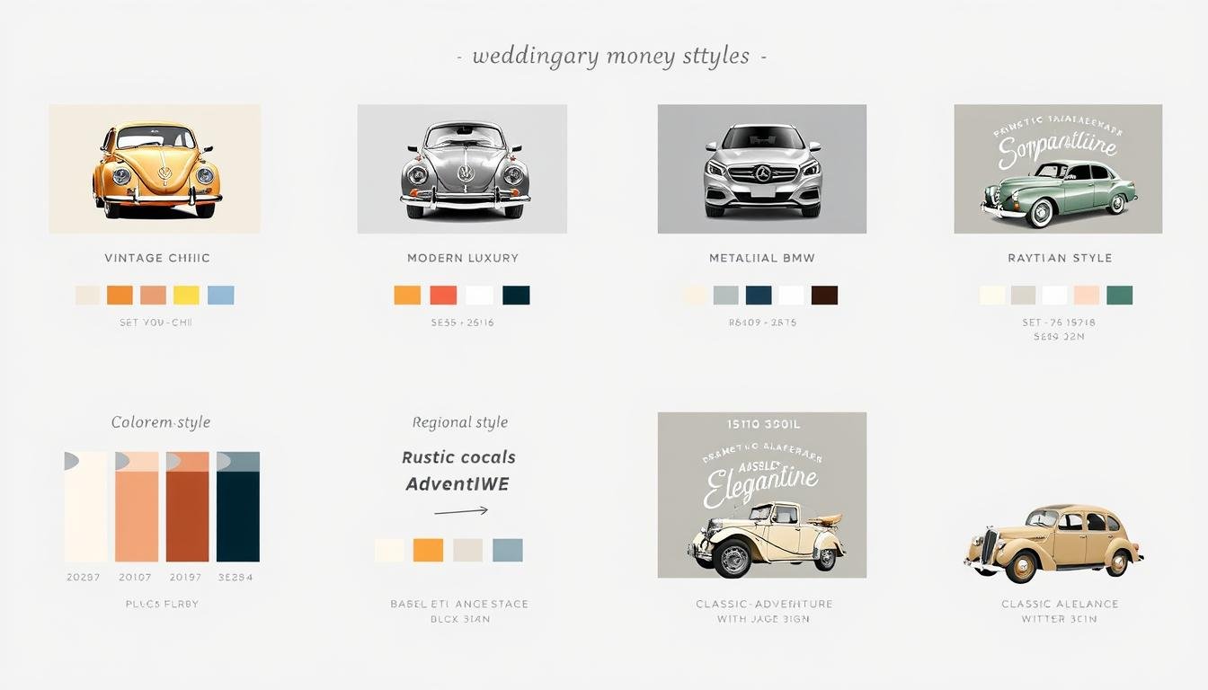 Fünf verschiedene Auto-Design-Stile für Geldgeschenk Bild Hochzeit mit Farbpaletten